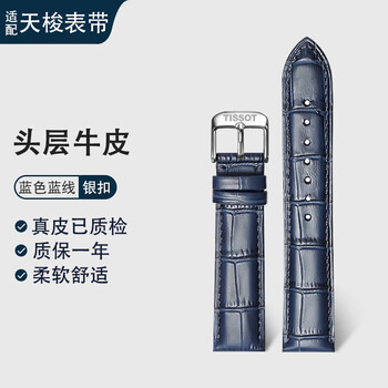 乐态代用天梭表带男手表带男女1853力洛克俊雅海星卡森杜鲁尔牛皮 蓝色蓝线【银色针扣】含工具 21mm