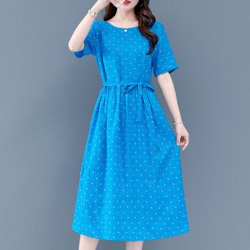 裙子女2022夏季新款韩版短袖波点连衣裙收腰显瘦气质中长款a字裙 蓝色