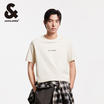 杰克·琼斯(JACK&JONES)25年男装春夏季新款简约舒适潮流纯棉趣味字母休闲纯色短袖T恤男 A05 乳白色 M