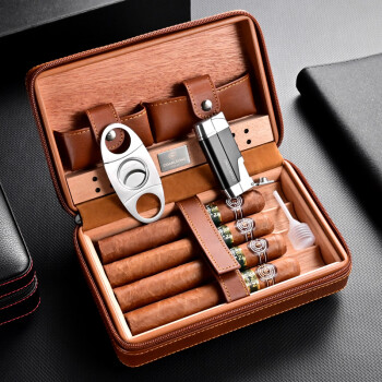 CIGARLOONG茄龙雪茄盒便携式雪松木茄盒出差旅行雪茄剪刀打火机套装雪茄保湿烟盒皮盒 雪茄盒打火机套装-A