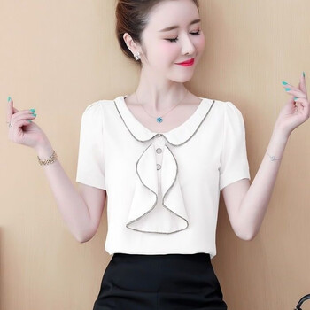 雪纺衫女短袖夏季韩版洋气小衫超仙荷叶边娃娃领上衣女雪纺衫 白色 s