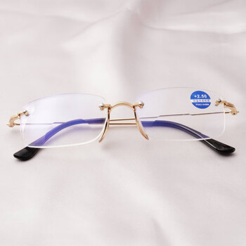 高清防蓝光双光老花眼镜看远看近金属无框切边老金框双光防蓝光100度