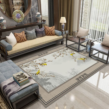 新中式地毯客厅茶几毯复古中国风铺家用卧室书房飘窗毯定制裁剪米白色