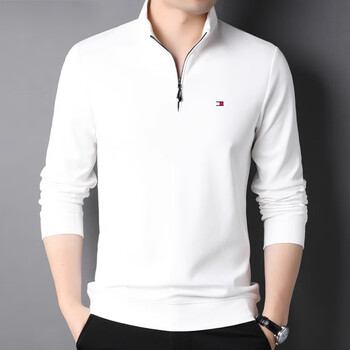 tommyjeans美国汤米长袖polo衫男免烫纯棉商务休闲纯色立领拉链polo衫