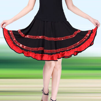 纤多洛新款广场舞裙中年跳舞裙松紧腰半身裙短裙女大摆裙红色亮片大摆