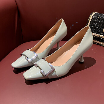 艾斯臣acesc浅口高跟鞋子女细跟方头奶奶单鞋百搭女鞋春秋季eylwl米色