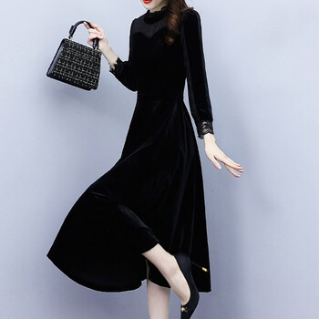 《今年流行别致漂亮感>m(90-105斤)草茵香金丝绒连衣裙高端大气上档次