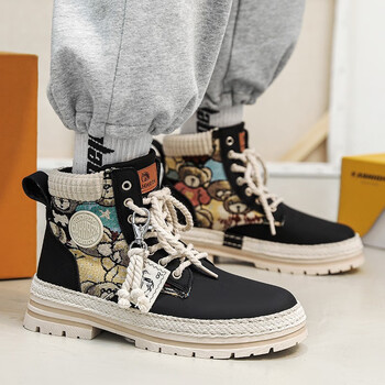 颖督马丁靴男2023秋季新款英伦增高休闲高帮皮靴子男士手工工装潮鞋男 黑色 42