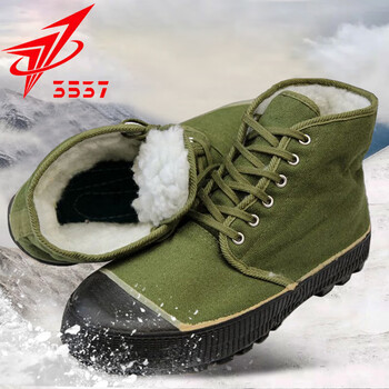 3537劳保棉鞋解放鞋男冬季高帮胶鞋户外加绒加厚保暖女工地黄球鞋军绿