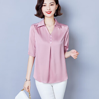 衣服短袖真丝半袖中年女衬衫杭州重磅夏天妈妈装小衫粉红色优先发货
