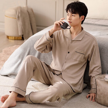 誀川(er chaun)睡衣男士春秋款棉质长袖家居服男款休闲可外穿 卡其色