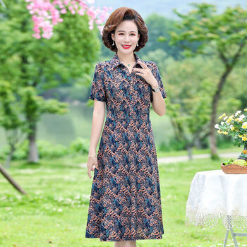 中老年连衣裙女夏遮肚高贵洋气新款妈妈装翻领中长款短袖碎花裙子蓝小