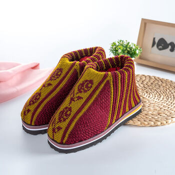 女居家冬季保暖棉鞋加厚手工编织毛线鞋子防滑大人成品鞋 姜黄玫瑰 40