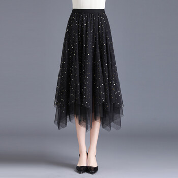 女半身裙不规则网纱纱裙高腰中长百褶蓬蓬ins火秋裙子黑色亮片均码