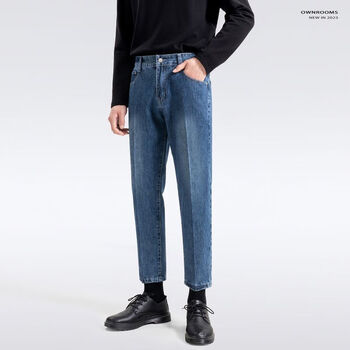 优衣库uniqlo春夏款宽松直筒牛仔裤男浅蓝色休闲百搭裤子韩版潮流九分