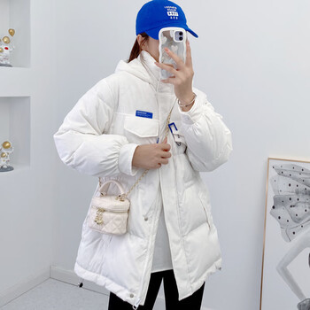 长款羽绒服新款韩版时尚宽松加厚收腰小个子少女学生外套米白色s120斤