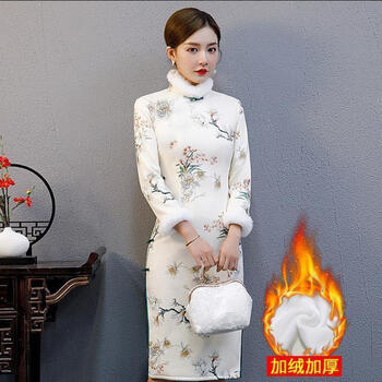 goak加绒加厚旗袍女冬季2023年新款冬装带毛领高档连衣裙中国风花色1