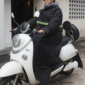 冬季加绒加厚挡风衣电瓶摩托电车易穿脱反穿衣防寒防水加绒黑色连体款