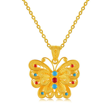小腰金黄金蝴蝶项链2022年新款女士古法珐琅足金999吊坠单坠锁骨链