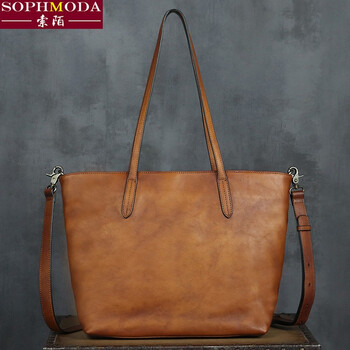 手工皮包女真皮包包女包单肩包女手提包女大包时尚休闲植鞣皮深棕色