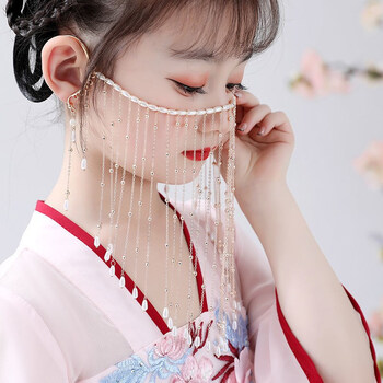 面帘古风遮脸儿童汉服面具珍珠流苏挂耳面纱女童头饰女孩古装配饰 金