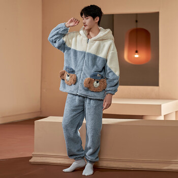 名夫（MIHGFU）2023年男女新款冬季绒款可外穿睡衣休闲家居服套装 2544【男款】 XXL