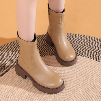 梵侈赫尔轻奢品牌全牛皮真皮中筒靴女2022新款秋冬季白色高跟厚底女