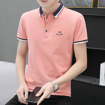 才子依佳夏季男士翻领短袖t恤男潮流休闲中年商务立领半袖体恤 粉色