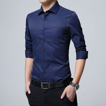 尼长袖衬衫男士商务休闲春秋男装韩版修身上衣服翻领正装衬衣 深蓝色