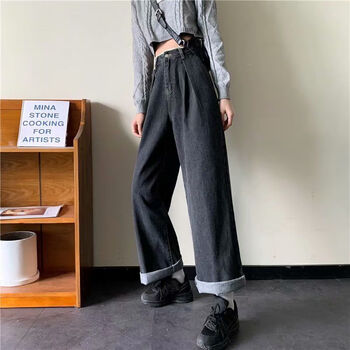 鼎度微胖女生穿搭遮胯宽大腿粗阔腿裤大码胖mm200斤显瘦牛仔裤女 600黑色 L码建议105-115斤