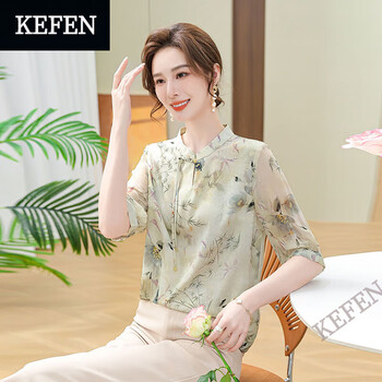 珂纷(kefen)如惠春夏雪纺衬衫洋气高贵新款女时尚小衫七分袖上衣 绿色