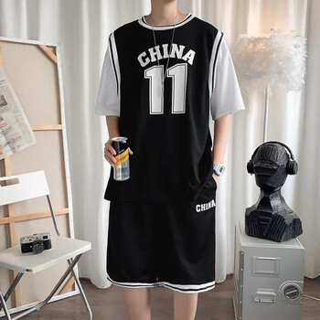 青少年篮球服套装男夏季假两件球衣短袖t恤痞帅气男装一套搭配潮 11号