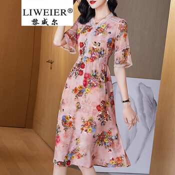 黎威尔品牌女装轻熟风粉色V领印花真丝裙夏装2021年新款欧美修身洋气碎花连衣裙 粉色 L