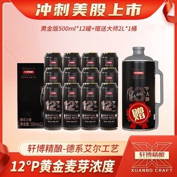 轩博 精酿小麦白啤酒 500mL*12听 整箱装 送13°P 大师 2L*1桶