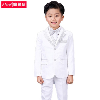 西装套男孩花童礼服套装主持服舞会中大童表演服amwhkb05白色银边160