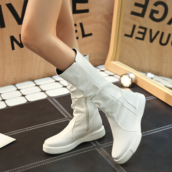 中筒41一43靴新款春秋单靴韩版学生百搭中靴平底瘦瘦靴白色加绒版41