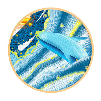 品牌热卖鲸之物语 圆形装饰画现代简约实木北欧ins客厅玄关沙发背景墙