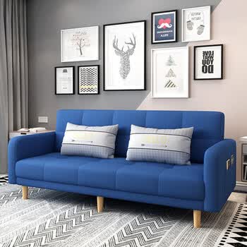 客厅出租房小户型两用布艺沙发床深蓝色棉麻配送2抱枕双人位14x095m