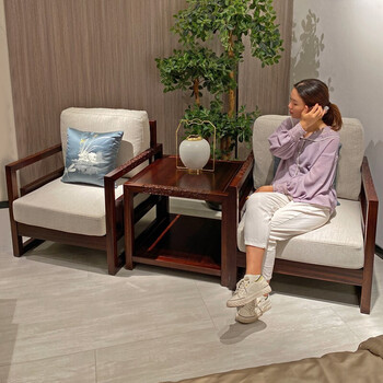 纪蒙诗新中式实木休闲椅茶几三件套桌椅组合禅意会所卧室家具单人沙发