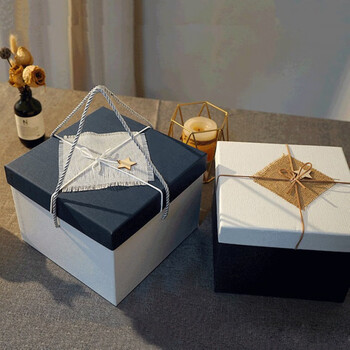礼品盒大号礼物盒生日礼物包装礼盒空伴手礼盒 白底蓝盖 拉菲草 灯(附