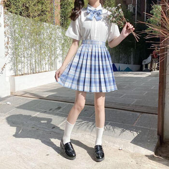 【不死川】JK制服2022夏季新款冰吉羽jk格裙百褶裙女学生日系校服短裙格子裙半身裙学院风少女套装 冰淇淋(衬衫+半身裙+蝴蝶结领结) M（下单请备注长袖或短袖）