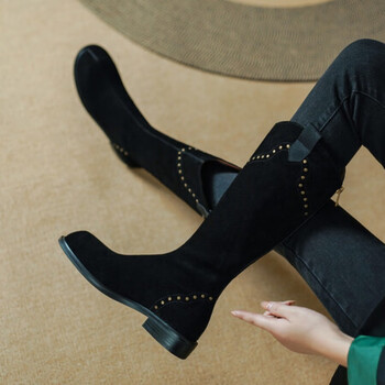 女鞋欧美时尚翻皮长靴女不过膝高筒靴单靴圆头低跟平底金属铆黑色38