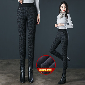 Night cat加绒加厚打底裤女2023秋冬新款松紧腰高腰显瘦高弹紧身长裤 黑色青花瓷加绒 XL