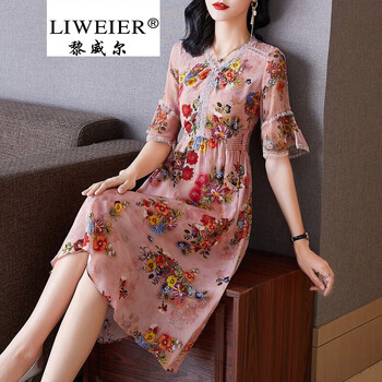 黎威尔品牌女装轻熟风粉色V领印花真丝裙夏装2021年新款欧美修身洋气碎花连衣裙 粉色 L