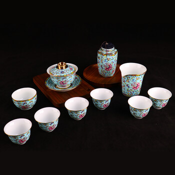 景德镇茶具功夫茶具套装整套陶瓷茶具礼盒装珐琅彩10头茶具