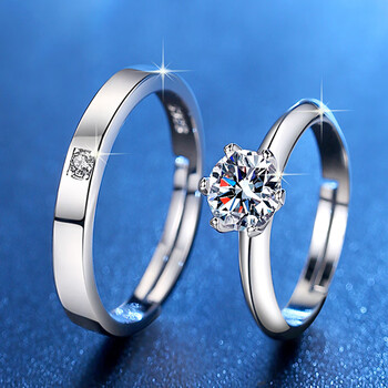 佩丹银莫桑石戒指求婚钻戒情侣一对仿真钻石结婚对戒交换婚礼现场用男