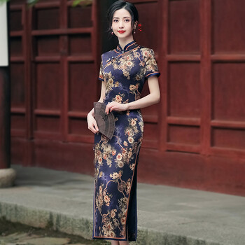 真丝旗袍裙女长款新式改良桑蚕丝旗袍连衣群 夏季新款老上海改良文艺