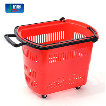 柏钢 超市购物篮45l 多功能周转筐 手提拉杆带轮菜篮 红色