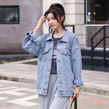 宽松韩版中长款春秋2021年新款bf上衣潮ins百搭牛仔衣浅蓝色l125145斤