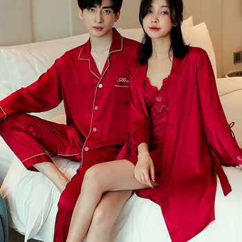 睡衣情侣装男女春秋季长袖女情趣服装性感火辣冰丝夏季薄款仿真丝红色